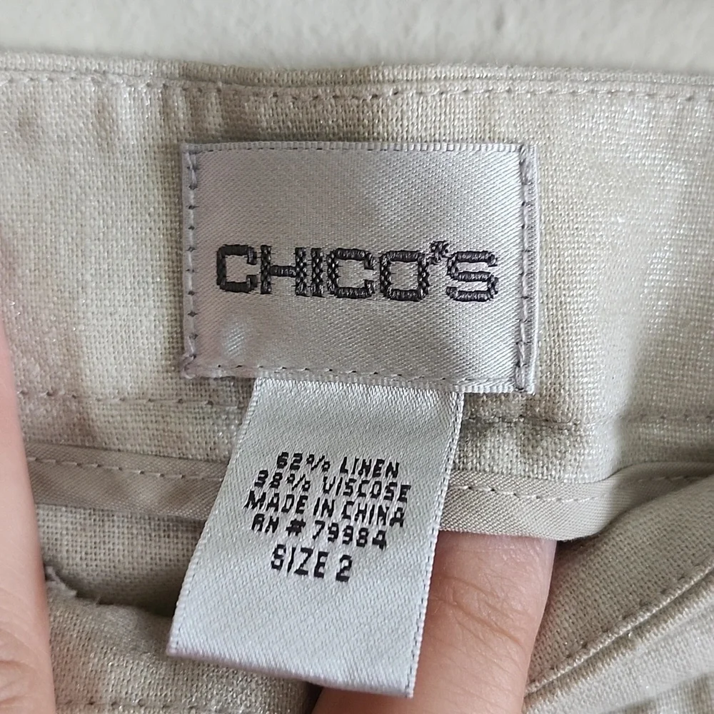 Chico's Cream Metallic Sheen Tapered Leg Chinos for Women Linen Blend Chicos 2 L